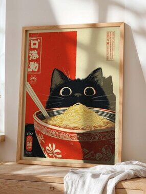 Japanese Ramen Cat Poster Print, Retro Noodle Bowl Wall Art